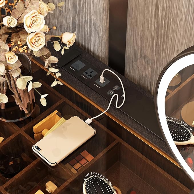 Lartis Makeup Vanity,Dresser Stool Set,Dresser,Computer Desk,partitioned Storage,Smart Socket,LED Makeup Mirror