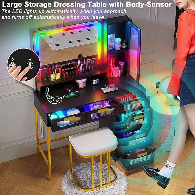 HNEBC RGB Vanity Desk with Mirror and Lights, LED Vanity Makeup Desk with USB/Wireless Charger Station, Vanities Dressing Table Sets with 6 Drawers/Cabins/Stool/Shelves for Bedroom&Cloakroom,Black