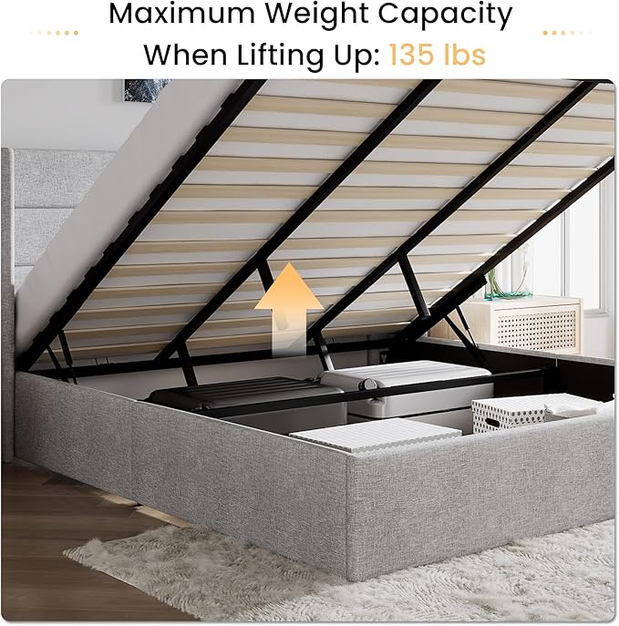 SHA CERLIN King Size Lift Up Storage Bed/Modern Wingback Headboard/Upholstered Platform Bed Frame/Hydraulic Storage/No Box Spring Needed/Wood Slats Support/Light Grey