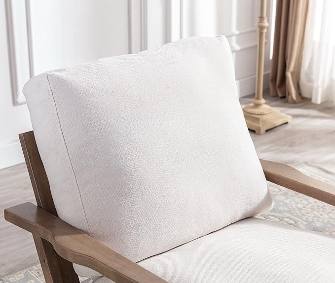 Wahson Mid Century Chair, Upholstered Accent Armchair, with Wood Frame and Removable Linen Cushions, Leisure Slipper Chair for Living Room/Bedroom, Cream