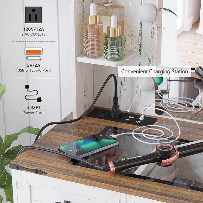 Farmhouse Vanity Desk Set with Mirror and Lights, Makeup Vanity Table with 6 Drawers/Large Storage, White Dressing Table 3 Colors Adjustable Lighting Brightness & Charging Station for Women