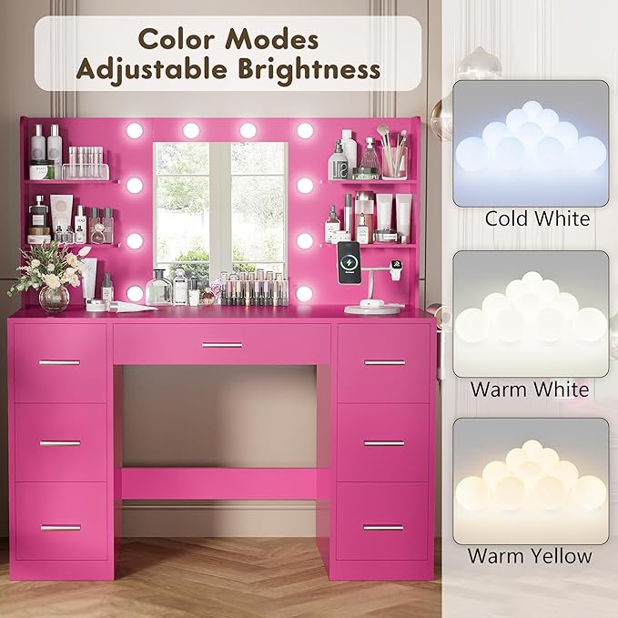 YESHOMY Vanity Desk with Mirror, Power Outlet and 10 Lights, Makeup Table with 7 Drawers, 3 Color Modes Available for Bedroom, Rose Red