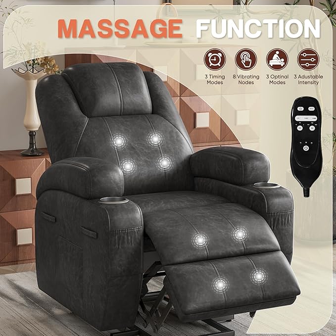 Electric Power Lift Recliner Chair with Massage for Elderly Corduroy Fabric Recliner Single Sofa with Cup Holders, Side Pockets and Remote Control for Living Room Bedroom (Leathaire, Dark Gray)