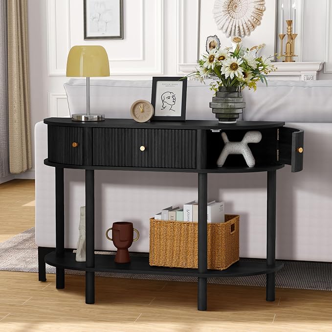 43.3“ Fluted Half Moon Console Table, Modern Entryway Console Sofa Table with Storage, Narrow Wood Accent Tables Behind Couch Tables for Living Room, Hallway, Foyer(Black)