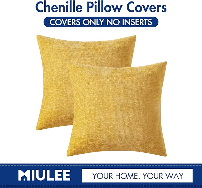 MIULEE Pack of 2 Mustard Yellow Decorative Pillow Covers 18x18 Inch Soft Chenille Couch Spring Throw Pillows Farmhouse Cushion Covers for Home Decor Sofa Bedroom Living Room
