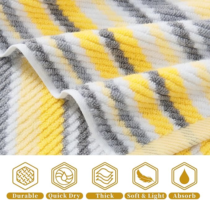 Quick Dry Hand Towels for Bathroom, 4 Pack 16"x27" - 100% Cotton | Soft | Absorbent | Lightweight, Striped Hand Towels Decorative Set, Luxury Towel Set for Showering & Guset, Yellow and Gray Stripe