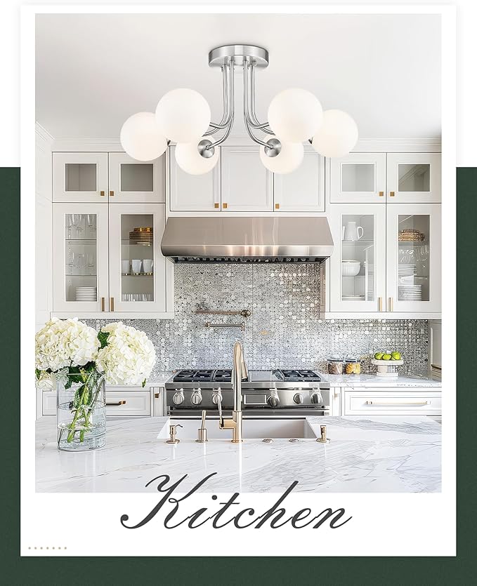 Brushed Nickel Ceiling Light in Modern Farmhouse Design Features 6 Frosted Glass Shades, Ideal for The Living Room, Bedroom, or Dining Room. Model: CKCL4845-6W-BN