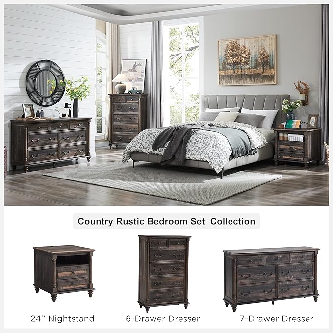 T4TREAM Farmhouse 7 Drawers Dresser Chests for Bedroom w/ 4 Solid Wood Feet & Column Decor, Tall Wide Wood Country Rustic Chest of Drawers, Storage Dressers for Bedroom, Living Room, Dark Rustic Oak