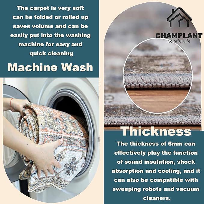 Washable Area Rug 8'x10' Red Khaki Retro Boho Design Non-Shedding Non-Slip Easy Care Ideal for High Traffic Areas in Living Room Bedroom Office Coffee Table Kitchen Large Carpet