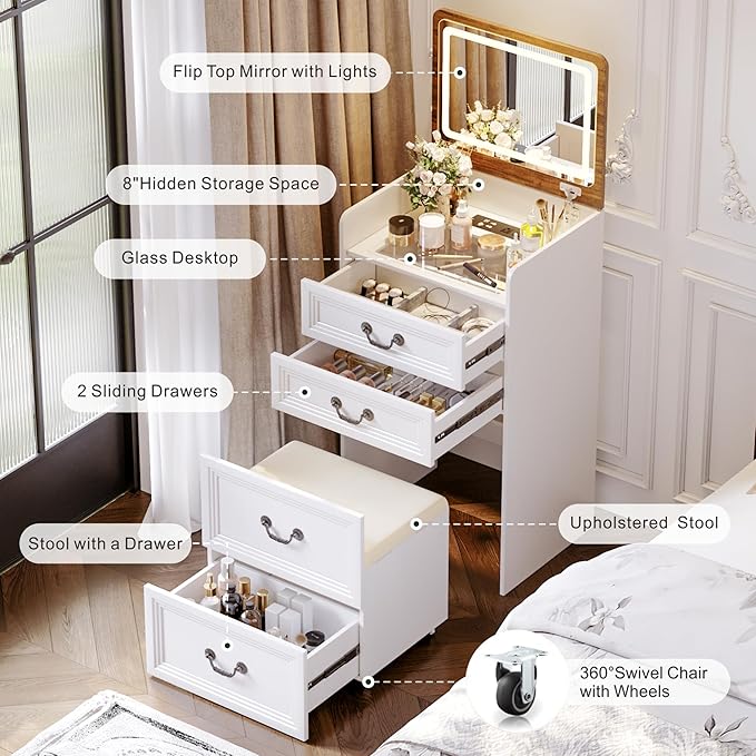 Lvifur 3 in 1 Vanity Desk with Flip Top Mirror and 3 Color Lights,Small Compact Vanity with Charging Station,Glass Top Makeup Vanity with 3 Drawers,Rolling Cushioned Stool