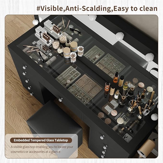 Vanity Desk, 11 Drawers Makeup Vanity with Power Outlet, Vanity Table with Mirror and Lights, 3 Color Lighting Modes, Dressing Table for Bedroom (Black)