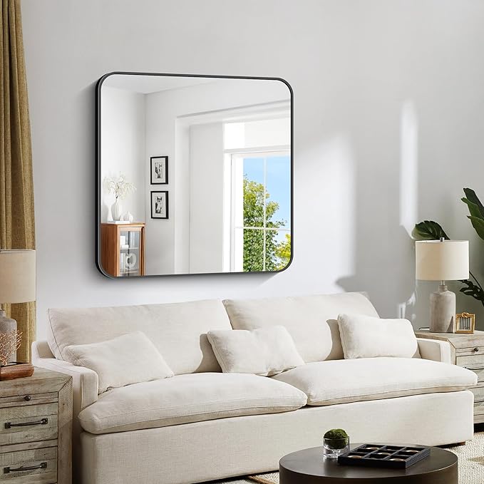 Bathroom Mirror, 36"x36" Black Square Wall Mirror, Metal Frame Rounded Corner Vanity Mirror, Large Wall Mounted Mirror for Modern Bedroom Living Room Horizontal Or Vertical Mounting