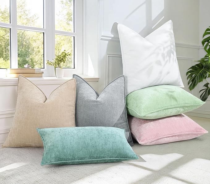 decorUhome Couch Throw Pillow Covers 12x20 Set of 2, Decorative Soft Euro Neutral Chenille Lumbar Pillow Covers with Elegant Design for Sofa Bed Living Room Home Decor, Beige