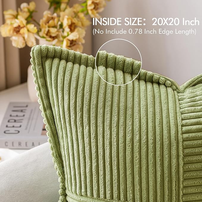 MIULEE Decorative Throw Pillow Covers for Couch Bed Livingroom 20x20 Inch Set of 2 Green Boho Accent Throw Pllows Broadside Striped Patchwork Soft Corduroy Summer Pillowcases