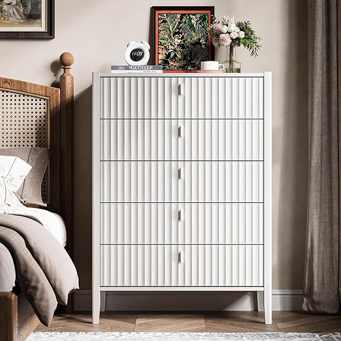 White 5 Drawer Dresser, Fluted Wood Chest of Drawers for Bedroom, Modern Dresser with Deep Drawers for Clothes, 32 Inch Tall Nightstand for Bedroom, Living Rooms, Offices, and Entryways