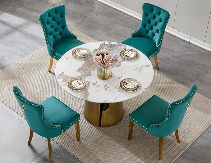 5-Piece Faux Marble Round Dining Table Set for 4, Modern Luxury Kitchen Table Set for 4 with Green Tufted Chairs,Circle Dining Tables with Pandora Grain Top and Bronze Pedestal Base
