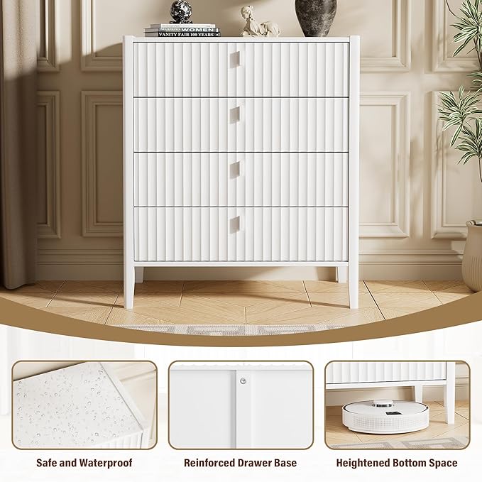 White 4 Drawer Dresser, 31.5" Wide White Modern Dresser with Fluted Front & Metal Handles for Bedroom, Living Room