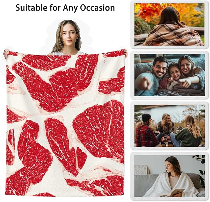 Funny Throw Blanket, Funny Realistic Food Blanket, Beef Printed Gift for Men Women, Lightweight Fleece for Sofa, Bedroom, Home Decor, 50x60 Inches