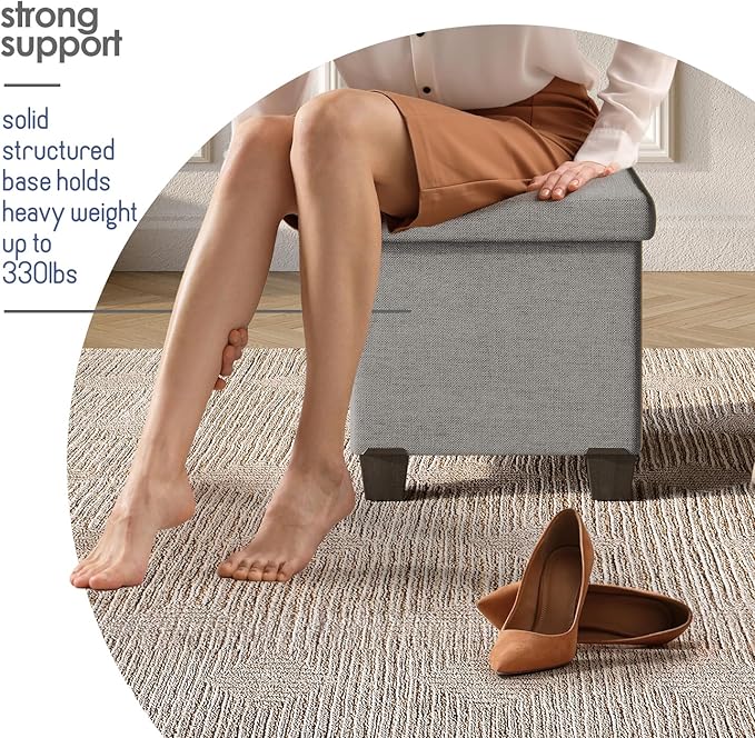 STORAGEBUD Storage Ottoman Cube with Small Bin, 16-in Square Ottoman with Storage for Living Room and Bedroom, Small Ottomans Foot Rest, Fabric Foot Stools Ottomans Max 330lbs, Light Grey