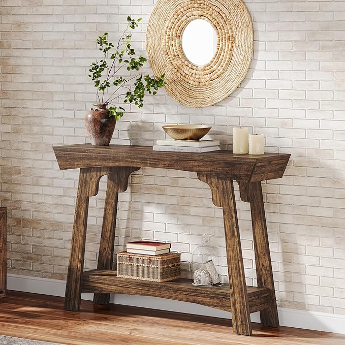 Tribesigns 41.3" Farmhouse Console Table, 2-Tier Small Entryway Table with Storage, Narrow Wooden Sofa Table Behind Couch for Living Room, Foyer, Hallway, Rustic Brown
