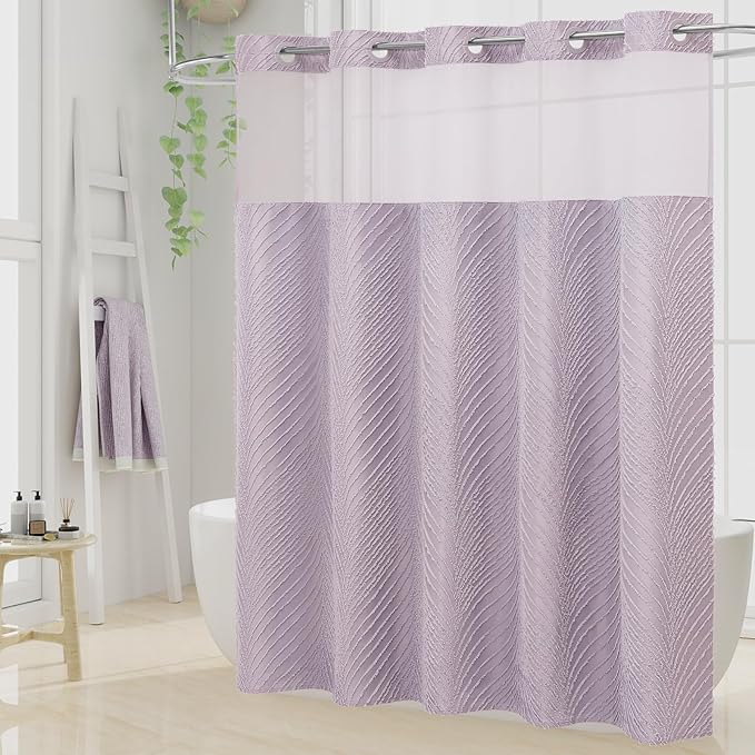 No Hook Extra Long Shower Curtain Set with Snap-in Liner, 86 inch XL Boho Purple Fabric Shower Curtains for Modern Bathroom Decor, Hotel Style Shower Curtain with See Through Top Window