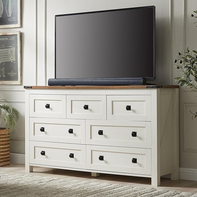 RedLemon Farmhouse 7 Drawer Dresser for Bedroom, 54 Inch Wide Rustic Wood Dresser TV Stand, Dresser Chest of Drawers for Closet, Living Room, Hallway, Antique White