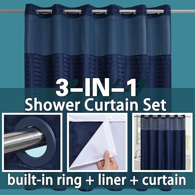 Conbo Mio Extra Wide No Hook Shower Curtain with Snap in Liner Set, 108" x 74" Hotel Luxury Navy Blue Shower Curtains for Bathroom with See Through Top Window, Waterproof, Washable 108W x 74H