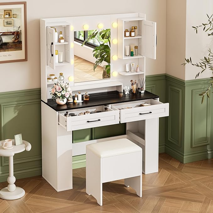 KAMABOKO Farmhouse Vanity Desk with Mirror and Lights, Large Makeup Vanity Table with 2 Drawers, Clear Glass Display Cabinet and Upholstered Storage Stool, Girls Vanity for Bedroom (037-Black)