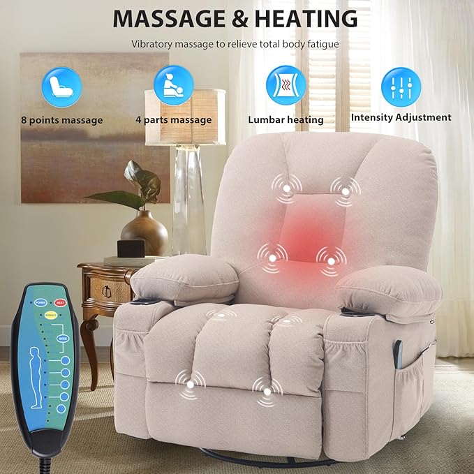 Massage Recliner Chairs for Adults, Rocker Recliners with Massage and Heat, Fabric Overstuffed Swivel Glider with Cup Holder Side Pocket, Manual Rocking Sofa Chair for Living Room, Beige