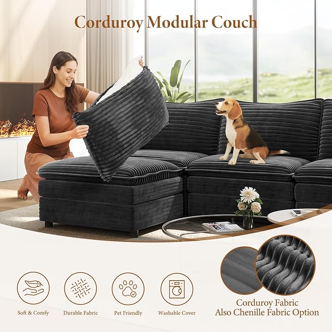 Vesgantti Large Modular Sectional Sofa, Big Comfy Cloud Couch with Ottoman Deep Seat Corduroy Cloud Sofa, 9 Seater Large Sectional Couches for Living Room, Bedroom and Apartment, Gray