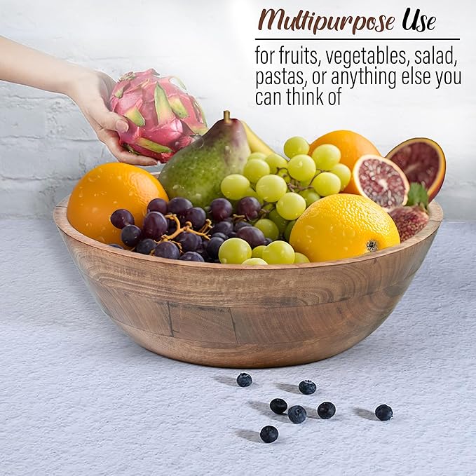 Crocon Wooden Salad Bowls Set, Round Serving Bowl for Fruits or Salads, Cereal, Corn Flake, Pasta Large Wood Serving Bowl, 10" Big Salad Bowl With Serving Utensils