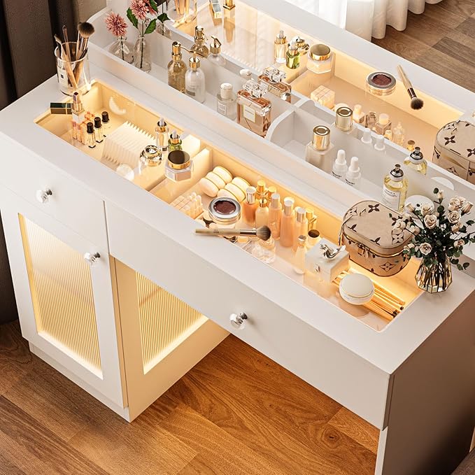 Vanity Desk with Large Mirror and Lights, 39.4'' Glass Top Makeup Vanity with RGB Cabinet Drawers Power Outlet 3 Color Light Modes Brightness Adjustable Vanity Dressing Table for Bedroom White