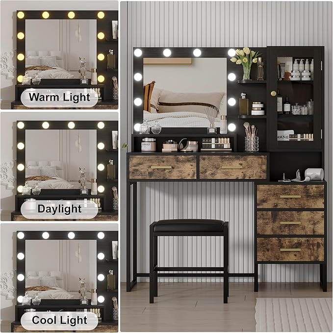 GarveeHome Large Makeup Vanity and Stool, Vanity Desk with Mirror and Lights, Makeup Table with Charging Station, Vanity Table with Drawers and LED Bulbs, Black
