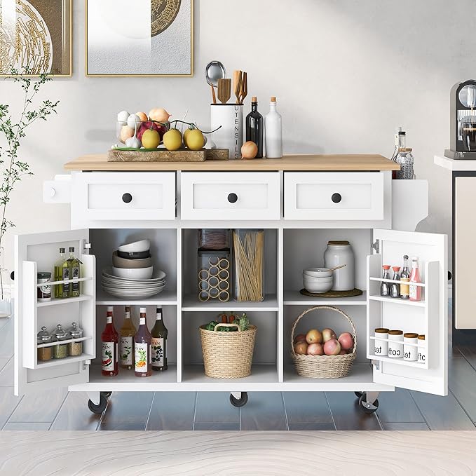 Kitchen Island Cart with Drop-Leaf Cabinet Door Internal Storage Rack 5 Wheels 3 Drawers for Kitchen, Dining Room, Bathroom 53.1" W*29.5" D*37.2" H White