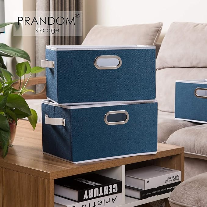 PRANDOM Fodable Storage Baskets for Closet [5-Pack] Decorative Fabric Storage Bins Cubes with Leather/Metal Handles for Shelves Bedroom Living Room Royal Blue (11.5x8.5x6.7 Inch)