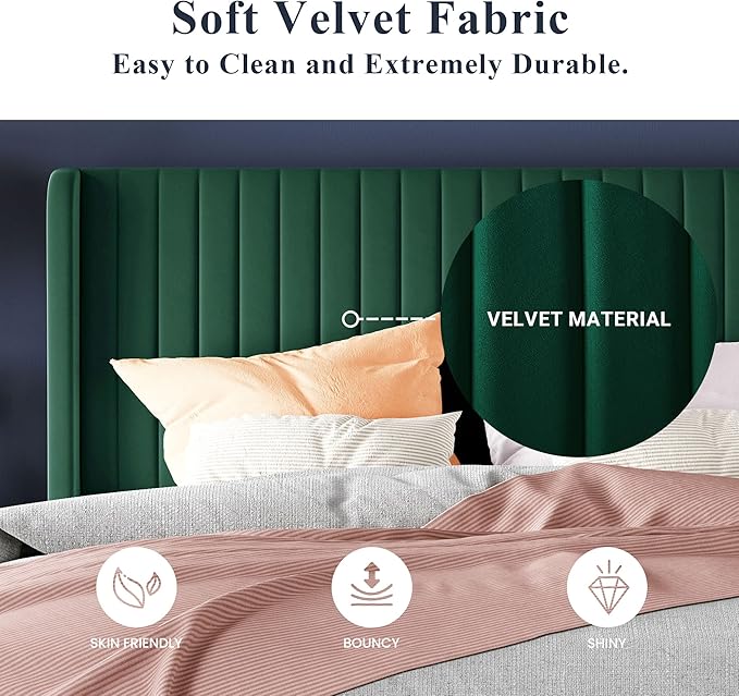 Allewie Full Size Bed Frame/Velvet Upholstered Platform Bed/Vertical Channel Tufted Wingback Headboard/Strong Wooden Slats/No Box Spring Needed/Easy Assembly/Green