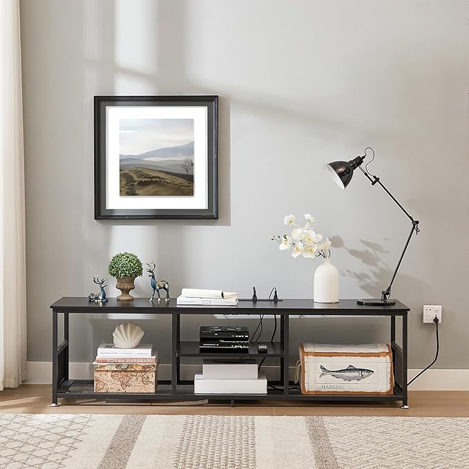VECELO TV Stand with Power Outlets for Televisions up to 75Inch, 62" Media Entertainment Center with Charging Station 3-Tier Open Storage Shelves with Metal Frame for Living Room/Bedroom，Black