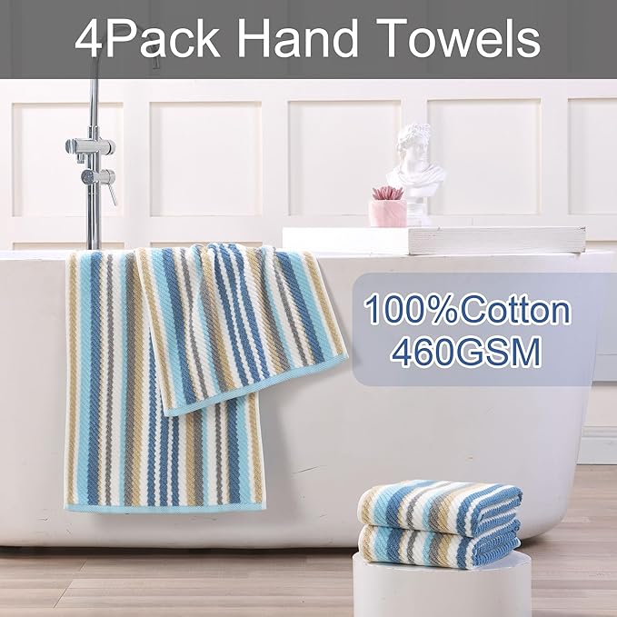Striped Hand Towels Set (4PC, 16"x27") - 100% Cotton | Quick Dry | Soft | Absorbent, Light Weight Hand Towels for Showering & Bathroom, Luxury Towel Set for Guest, Blue + Gray + Beige Stripes