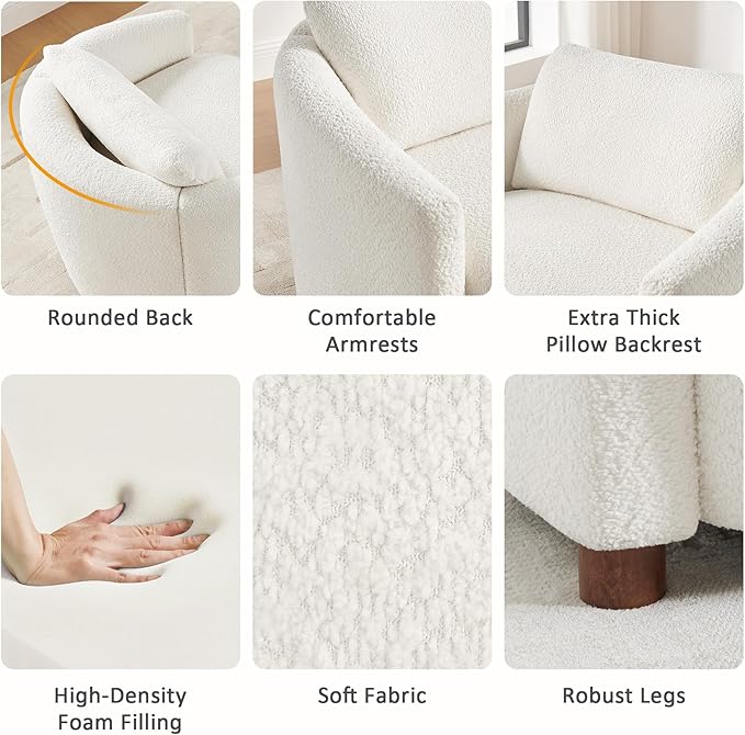 Boucle Accent Barrel Chair Set of 2, Cloud Reading Chair for Living Room & Bedroom, Furry Sherpa Armchair with Cozy Soft Throw Pillow Back, Comfy Upholstered Lounge Chair, Modern Single Sofa Chair