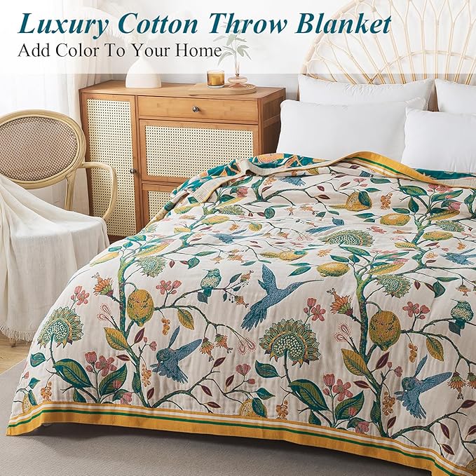 Boho Throw Blanket for Bed-100% Cotton Soft Breathable Farmhouse Decor Boho Quilt for Sofa (Flower Bird, 60"x80")