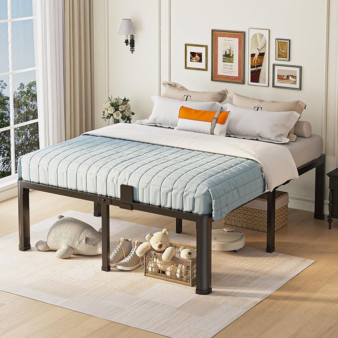 18 inch Queen Bed Frame with Round Corner Legs Mattress Slide Stopper,3500 lbs Heavy Duty Metal Platform,Steel Slats Support,No Box Spring Needed,Easy Assembly,Noise Free