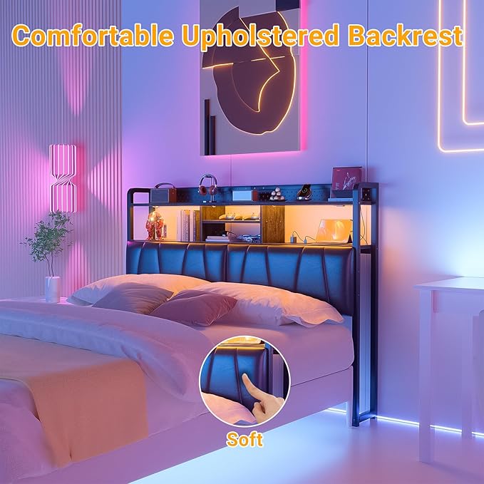 Unikito Headboard for Queen Size Bed Frame, Upholstered Head Board with Outlets, USB Ports and LED Light, Comfortable Leather Headboards with Storage Shelf, Sturdy Queen Bed Headboard Only, Black Oak