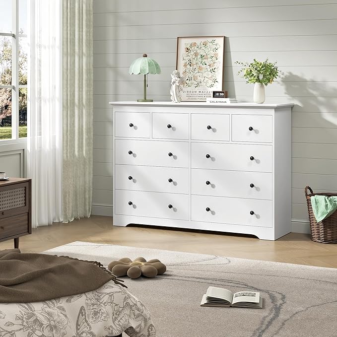 White Dresser for Bedroom，55" Wide 10 Drawers Dressers,Modern Wooden Chest for Living Room, Hallway