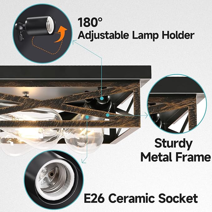 Farmhouse Rustic Ceiling Light for Kitchen, 6-Light Hallway Flush Mount Light Fixtures Ceiling Mount,23" Industrial Metal Cage Ceiling Light for Farmhouse,Kitchen,Hallway E26 Base(1 Pack)