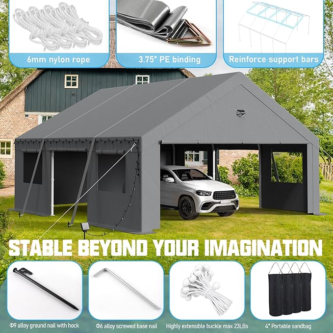 20x20 Carport Canopy, Heavy Duty Car Ports with Sidewalls, Portable Garage Carports with Roll Up Zipper End & Side Doors, Grey