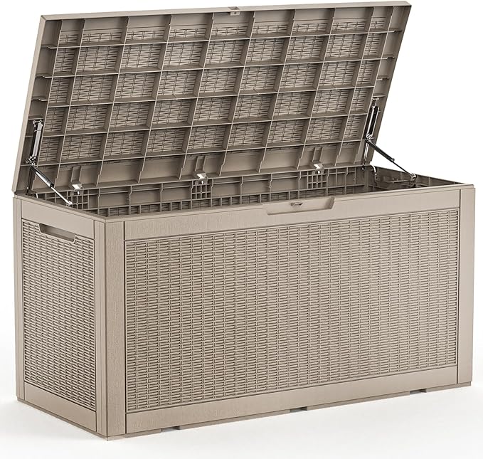 100 Gallon Waterproof Outdoor Storage Box,Resin Deck Box,Lockable Outside Storage Box Container for Patio Furniure,Garden,Pool Tools (100 Gallon,Grey pattern)