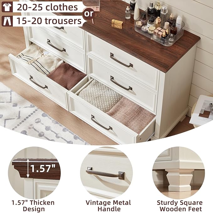 Farmhouse Wood 6 Drawer Dresser Set of 2, 54 inch Wide Large Vintage Chest of Drawers for Bedroom, Rustic Dressers TV Stand with Square Solid Wooden Legs for Living Room, Hallway, White