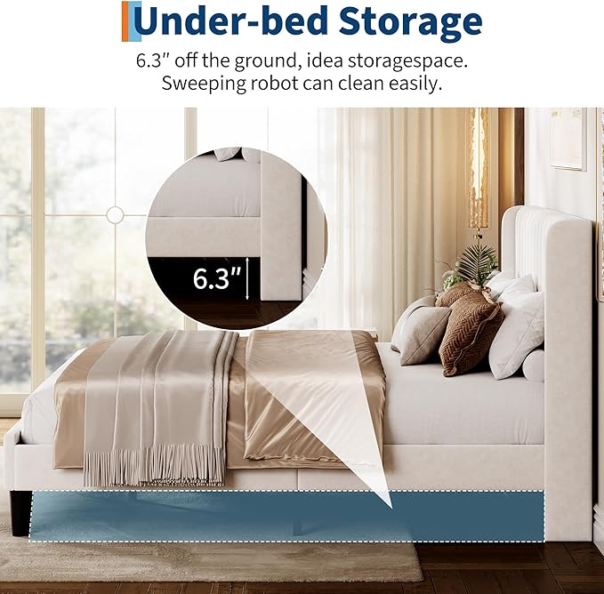 IDEALHOUSE Queen Size Velvet Bed Frame/Vertical Channel Tufted Wingback Headboard/Upholstered Platform Bed/Wood Slats/No Box Spring Needed/Easy Assembly/White