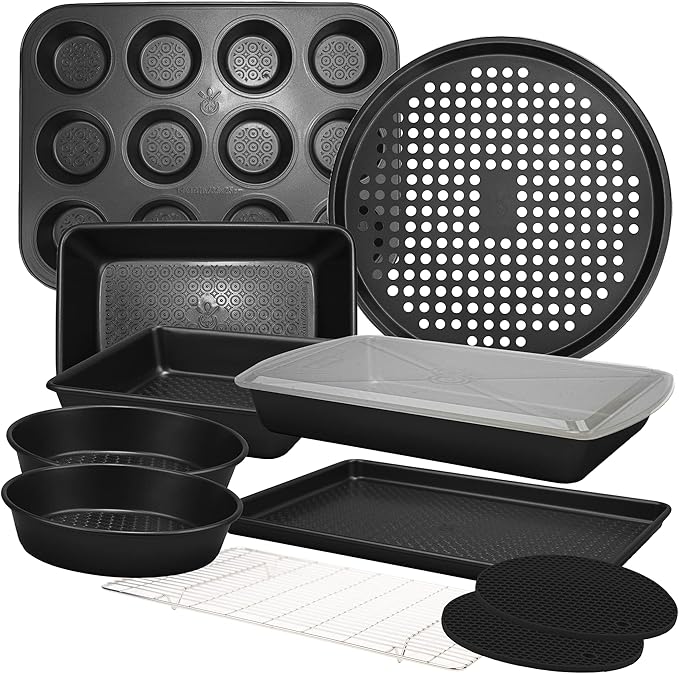 KITCHENATICS 12 PC Carbon Steel Baking Pans Set Nonstick, Kitchen Essentials for New Home, Nonstick Bakeware Sets with Cake and Muffin Tins, Non Stick Bread and Oven Pan - Black Stackable Bakeware Set