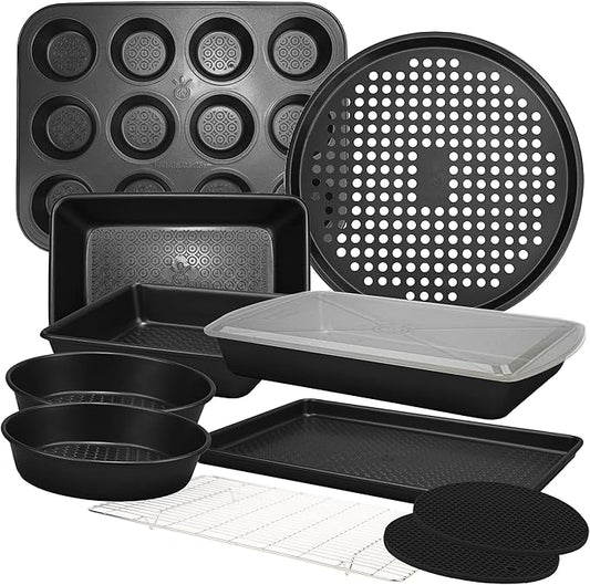 KITCHENATICS 12 PC Carbon Steel Baking Pans Set Nonstick, Kitchen Essentials for New Home, Nonstick Bakeware Sets with Cake and Muffin Tins, Non Stick Bread and Oven Pan - Black Stackable Bakeware Set